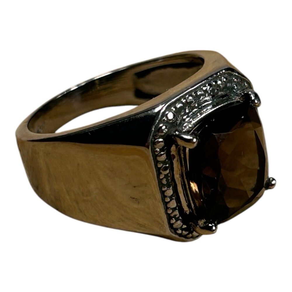 Smoky Quartz Style Cushion Cut Mens Ring Silver Gold Two-Tone Size 9.75